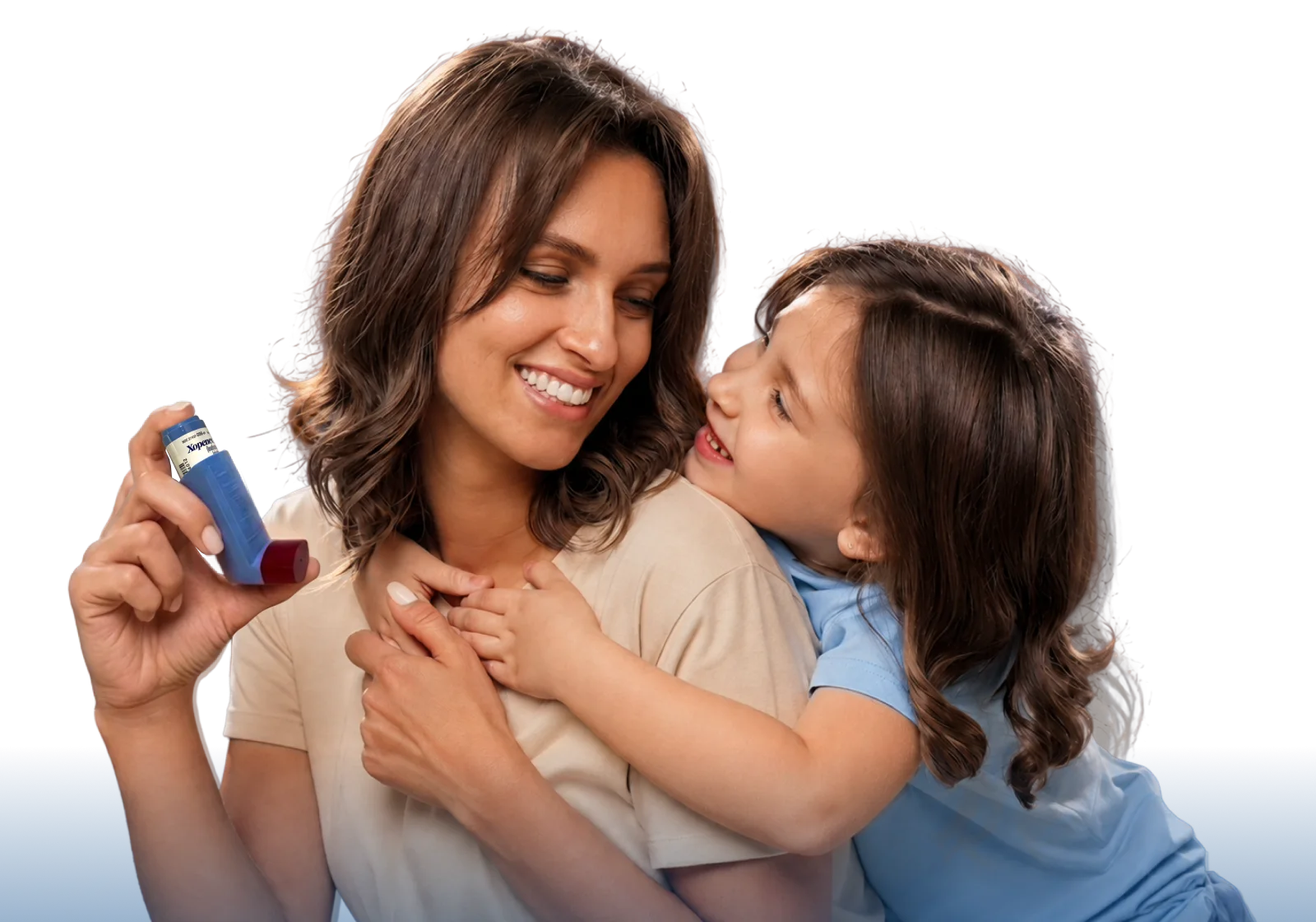 A smiling mother holding a Xopenex HFA inhaler while her young daughter hugs her