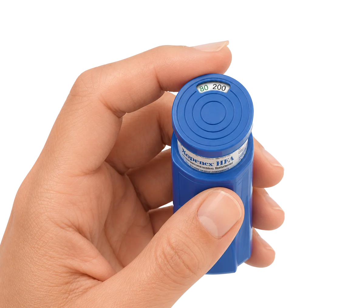 Top view of the Xopenex HFA inhaler held in a hand, with its dose indicator labelled