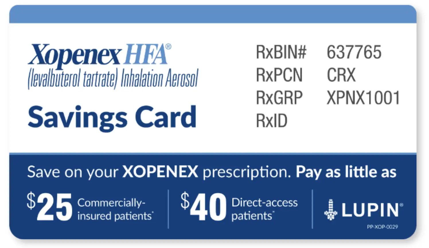 The Xopenex HFA Savings Card, showing $25 for commercially insured patients and $40 for Direct Access patients